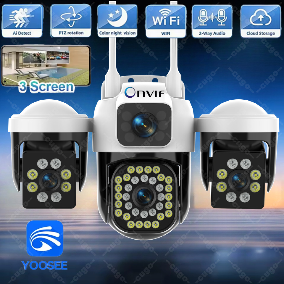 Smart Home Kamera Outdoor - กล้องไอพี ไวไฟกลางแจ้ง 15MP 8K เลนส์สามตัว สามหน้าจอ