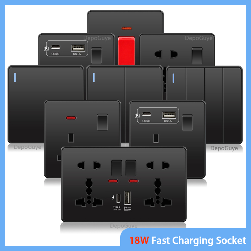 Smart Wall Socket - Universal สีดํา USB Type-C 18W Smart