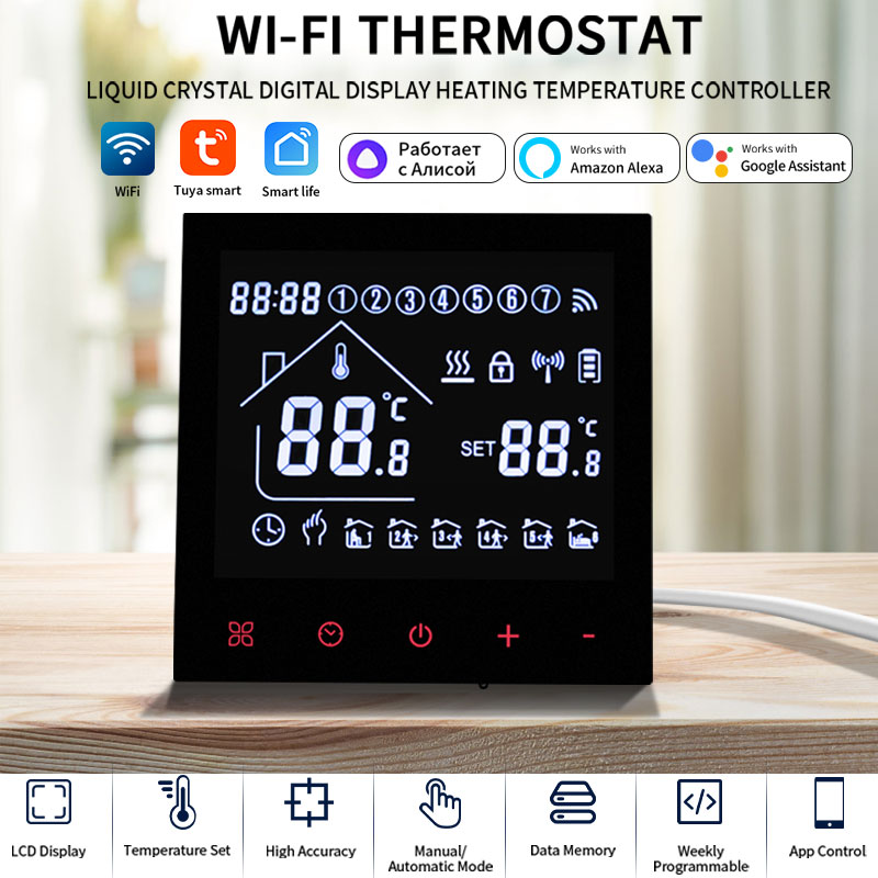 Smart Home Kitchen - Tuya เทอร์โมอัจฉริยะ, เทอร์โมสตัทไฟฟ้าใช้กับพื้นจอแสดงผล LCD แบบสัมผัสหน้าจอต้มน้ำ/แก๊สเทอร์โมสตัทสำหรับควบคุมอุณหภูมิทำงานร่วมกับ Alexa