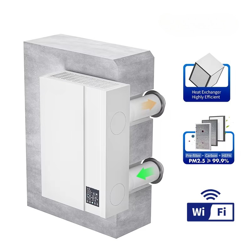 Smart Home Ventilation - เครื่องแลกเปลี่ยนอากาศแบบติดผนังพร้อมระบบควบคุมผ่าน WiFi อัจฉริยะ สำหรับการกู้คืนพลังงานและเติมอากาศบริสุทธิ์ ระบบระบายอากาศสำหรับห้องเดี่ยวในบ้าน