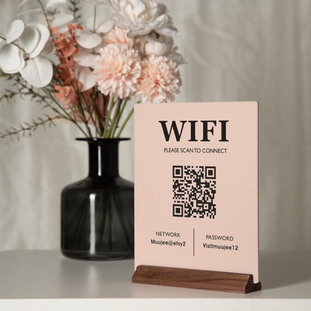 Airbnb Smart Home - ป้ายอะคริลิคพร้อมฐานไม้สำหรับวางบนโต๊ะ แสดง QR Code WiFi ลดราคาพิเศษ