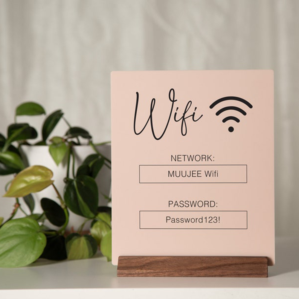 Airbnb Smart Home - ป้ายอะคริลิคพร้อมฐานไม้สำหรับสแกน QR Code WiFi แบบกำหนดเอง เพื่อเชื่อมต่ออินเทอร์เน็ต
